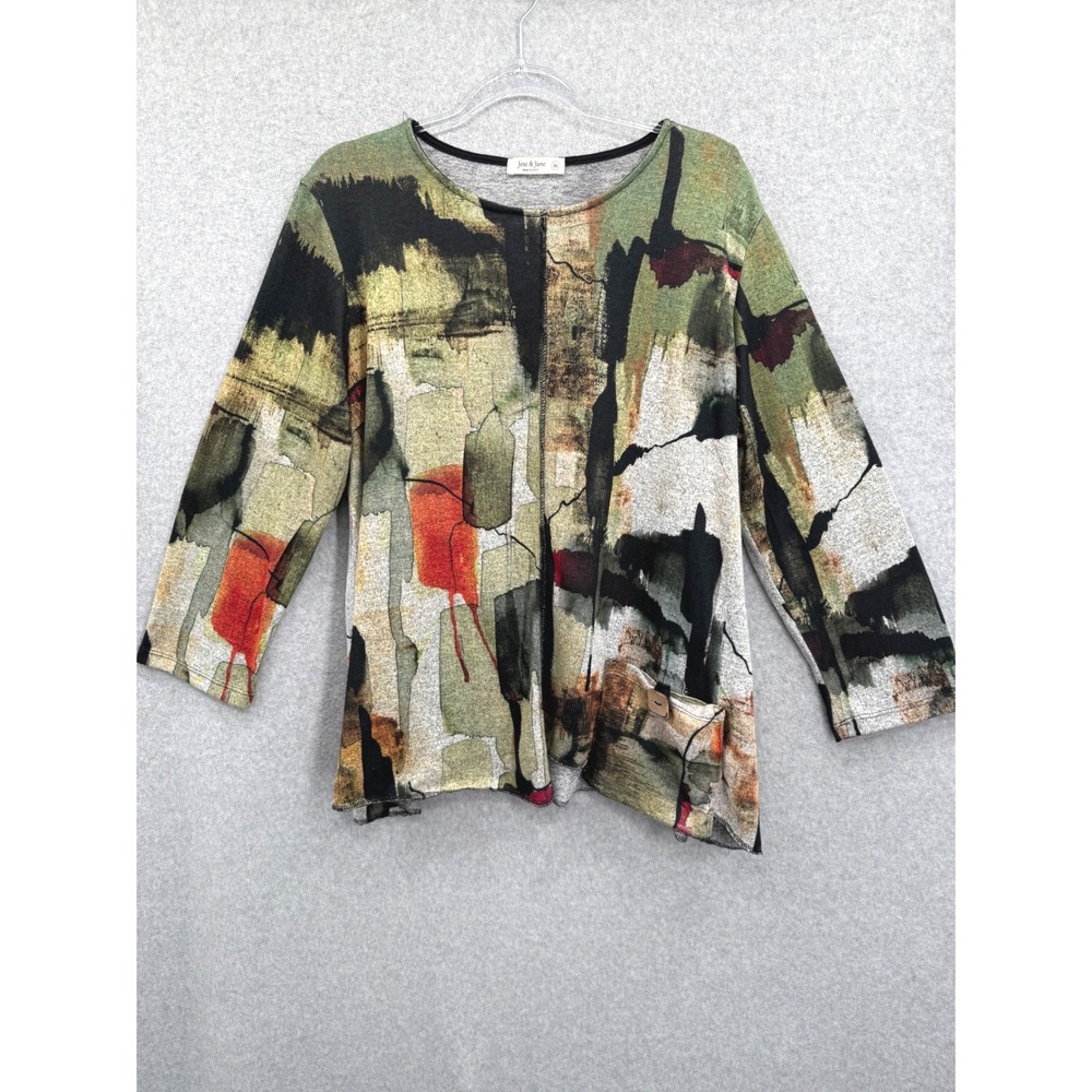 Jess & Jane Tunic Top Womens XL Green Abstract Art Natura 3/4 Sleeve Pocket